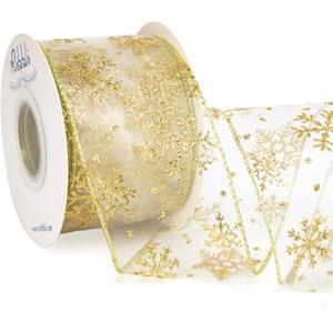 Ribbli Snowflake Glitter Wired Ribbon, Ivory Organza Sheer with Gold Glitter Snowflake Pattern and Iridescent Metallic Edge,2-1/2 Inch x 10Yards Christmas Ribbon for Tree Decoration