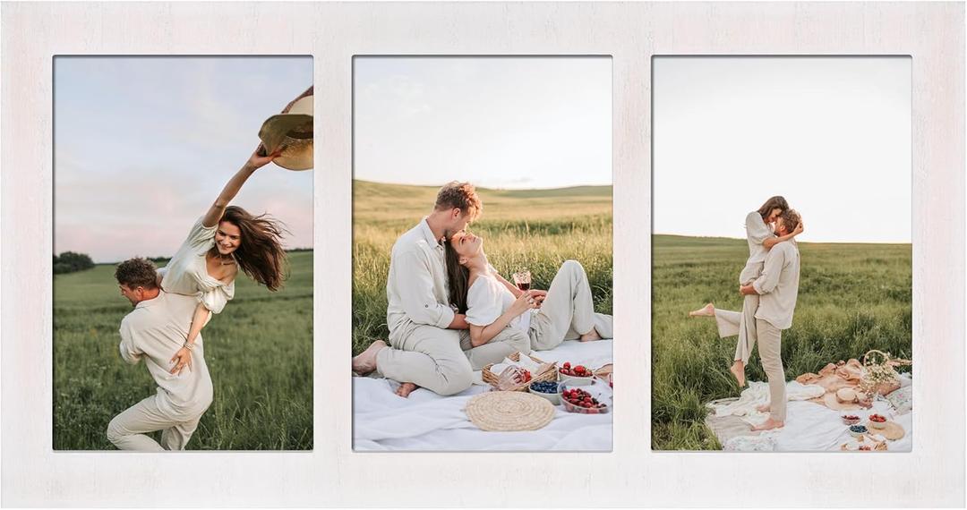 4x6 Collage Picture Frames, 3 Picture Frame 4x6, Rustic White Wood Frame with Tempered Glass, 3 Opening 4 by 6 Photo Frame Wall Decor or Tabletop, 1 Pack
