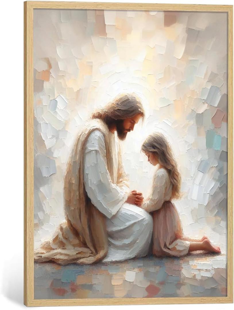 Jesus and Girl Wall Art Natural Wood Christian Religious Wall Decor Jesus Pictures for Living Room Modern Christian Posters for Bedroom Bible Scripture Framed Canvas Art 16x24 Inch