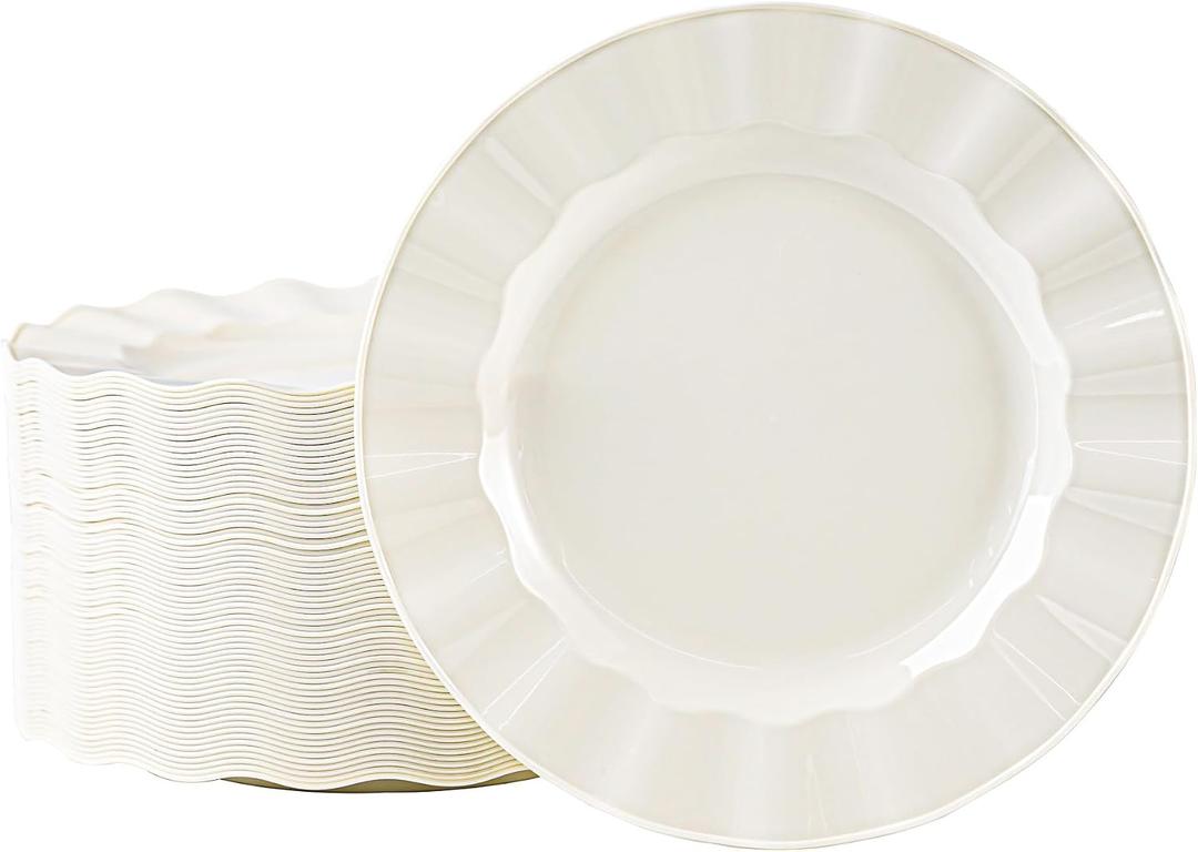 72 Pack Ivory Plastic Plates, 7" Disposable Wave Edge Salad/Dessert Plates Elegant Heavy Duty Plate for Party, Wedding, Thanksgiving, Christmas