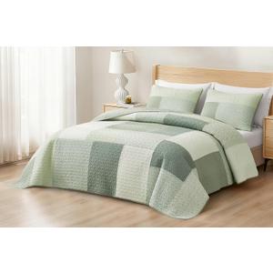 Chezmoi Collection Elm 3-Piece Chic Patchwork Quilt Set - Green Floral Striped Coverlet - Pre-Washed Cotton Lightweight Reversible Bedspread, Oversized King Size