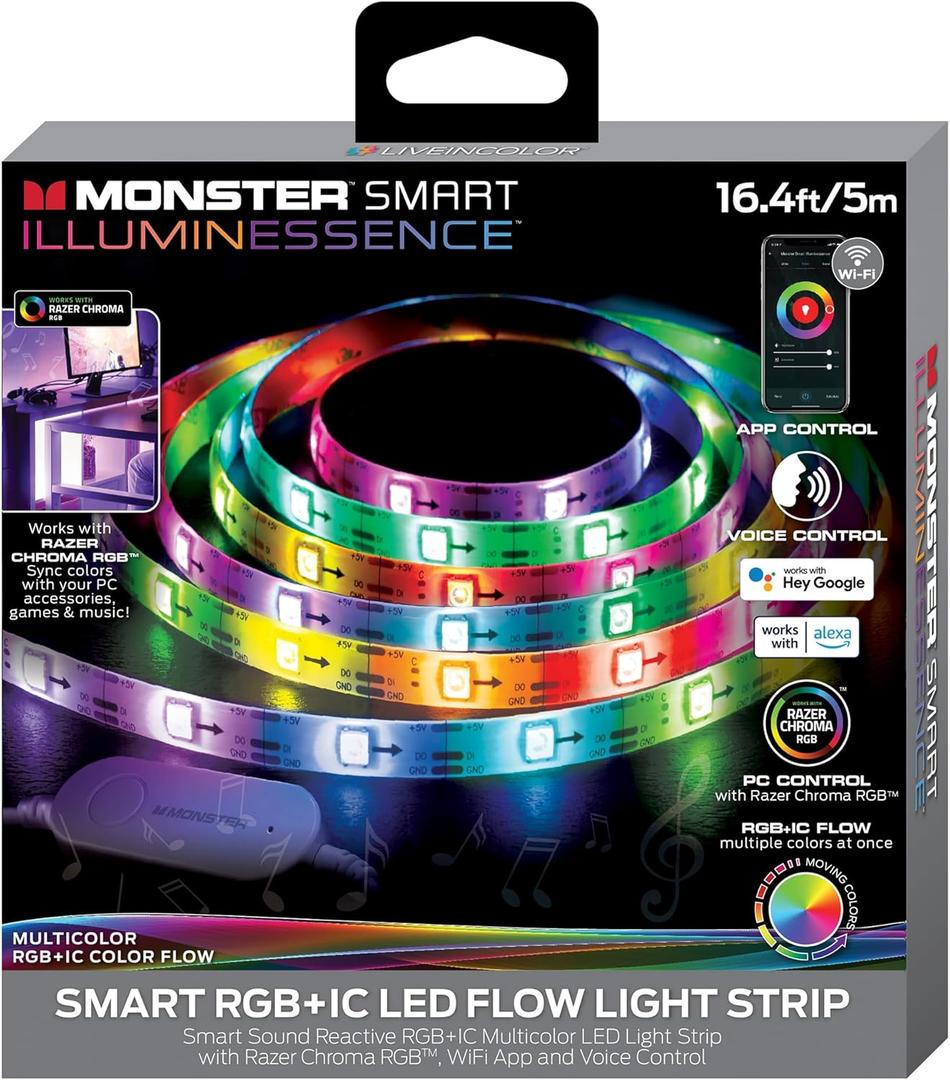 Monster 16.4ft Smart Music Sync and Multi-Color Color Flow LED Light Strip with Fun Modes, Indoor Use, Xtreme Easy Use