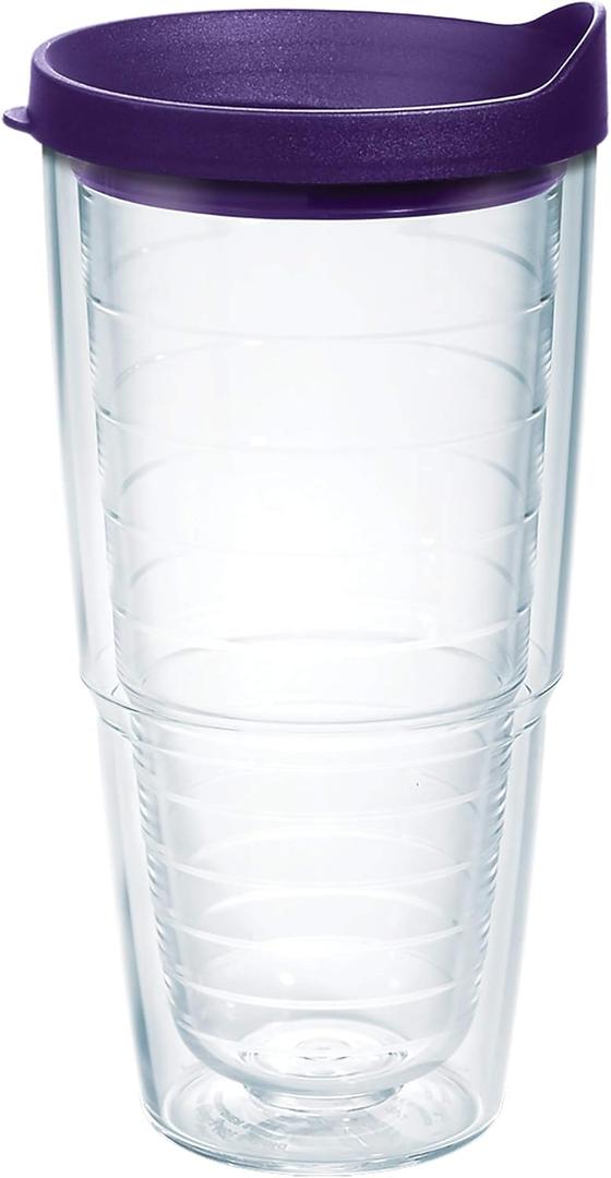 Tervis Clear & Colorful Lidded Made in USA Double Walled Insulated Tumbler Travel Cup Keeps Drinks Cold & Hot, 24oz, Royal Purple Lid