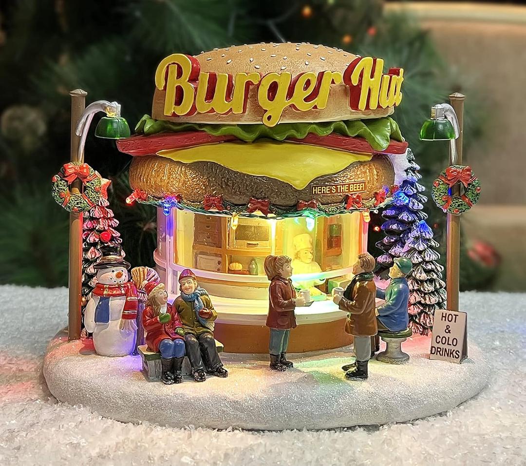 MOMENTS IN TIME Christmas Village Burger Shop LED Lighted Building with Music, Plays 8 Classic Christmas Songs, Battery Operated Holiday Decor, Burger Hut Display (7.2 x 9.6 x 8.0)