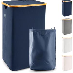 LONBET 26 Gal. Laundry Basket with Lid, Made from Breathable Fabric Aesthetic Clothes Hampers for Laundry with Side Handles & Sturdy Bamboo Frame Laundry Hamper with Lid & Removable Bag, Blue