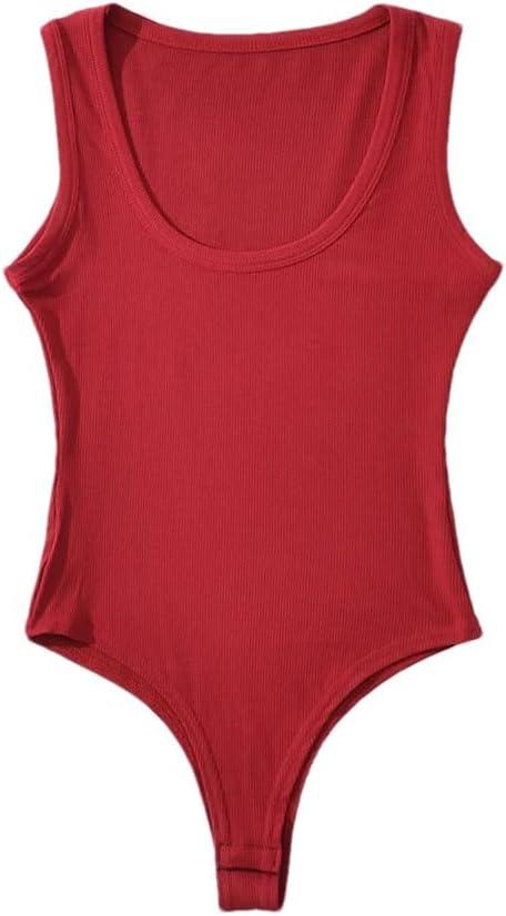 Tank Top Bodysuit For Women Women's Sexy Solid Sleeveless Deep U-Neck Elastic Bodysuit Knit Jumpsuits
 (Red, M)
