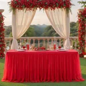 Red Tulle Tablecloth for 6 Foot Rectangular Tables 6ft Red Rectangle Table Cloth Wrinkle Free Table Cover with Tutu Skirt for Wedding Birthday Party Baby Shower Banquet Buffet Christmas Desk Skirt