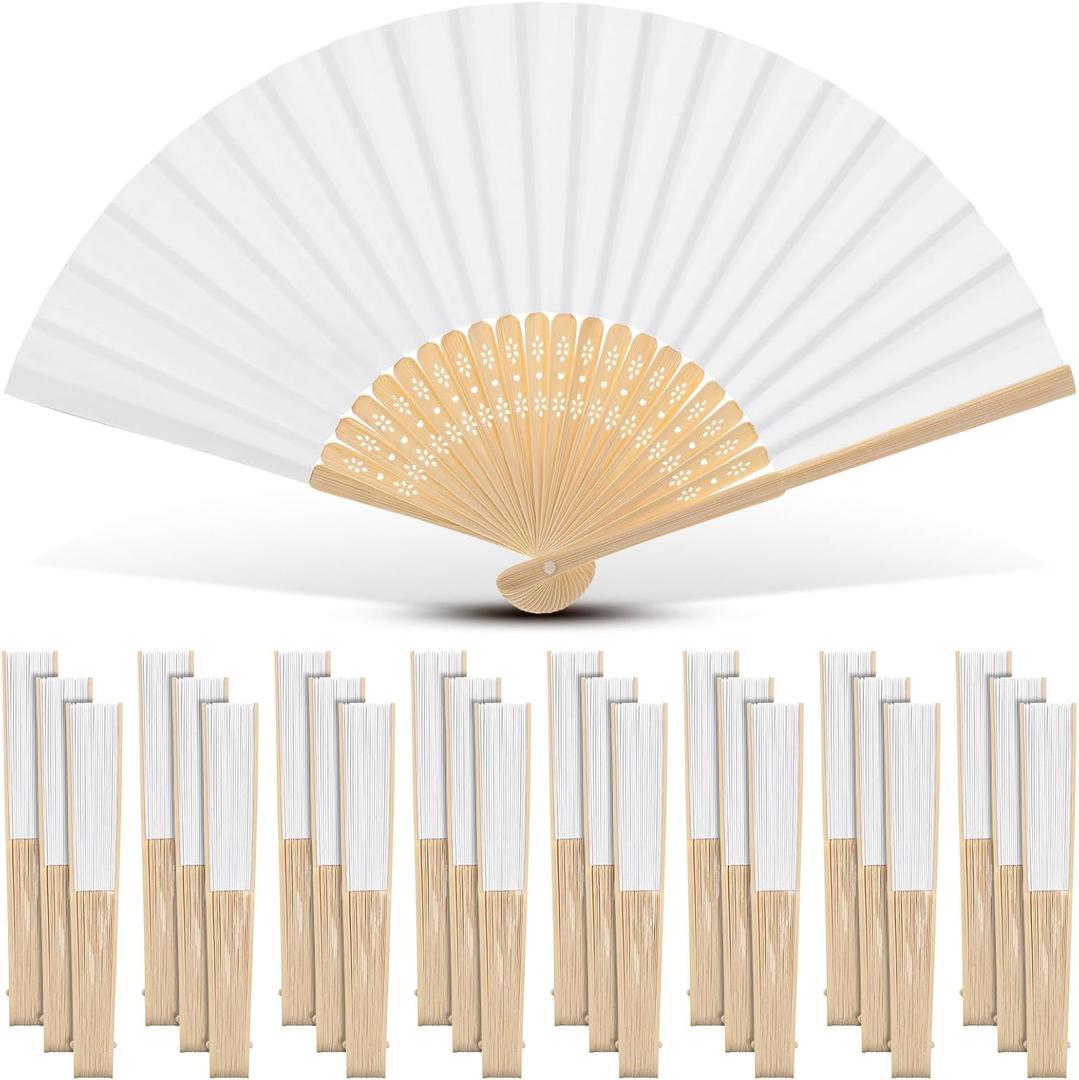 Yinkin 24 Pack Folding Fans Bamboo Handheld Folded Craft Hand Japanese Chinese Fans for Weddings Bridal Dancing Church DIY Decoration Women Kids Gift Party Favors (White)