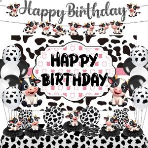 Cow Theme Birthday Party Decorations Cow Print Birthday Party Supplies Farm Animal Barn Party Tableware Set Plates Napkin Fork Banner Honeycomb Balloon Tablecloth for Cowgirl Bday Serve 10 Guests