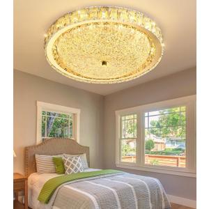 19.6" Modern Crystal Chandelier Dimmable LED Flush Mount Ceiling Light with Remote Control for Living Room Dining Room Bedroom Hallway Foyer Gold