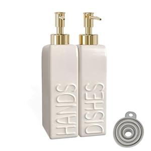 Karisky Soap Dispenser Set with Gold Stainless Steel Pump and a Funnel, 2 Pack Modern Ceramic Refillable Hand and Dish Soap Dispenser for Kitchen, Bathroom, Matte White