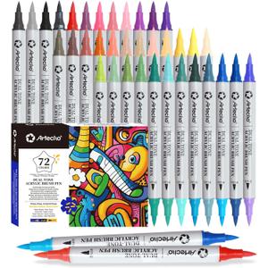 Artecho Acrylic Paint Markers 36 Pcs 72 Colors, Acrylic Paint Pens with with 0.5-5mm Brush Tip for Stone, Rock Painting, Paper, Pumpkin, Wood, Egg, Canvas, Ceramic, Fabric, leather, Glass, DIY Crafts