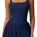 ABOCIW Womens Square Neck Tennis Dress Built in Shorts Pleated Backless Golf Athletic Dress with Pockets (Medium, Navy)
