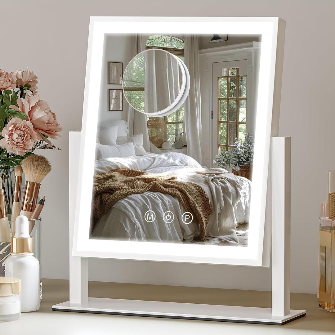 Vanity Mirror with Lights, 3-Color Dimmable & Adjustable Lighted Makeup Mirror with Smart Touch and 360 Rotation (White)