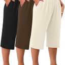Huukeay 3 Pack Women's Plus Size Capri Pants, Cotton Wide Leg Capris Sweatpants Summer Loose Cropped Yoga Pants with Pockets (XX-Large, Black, Brown, Cream)