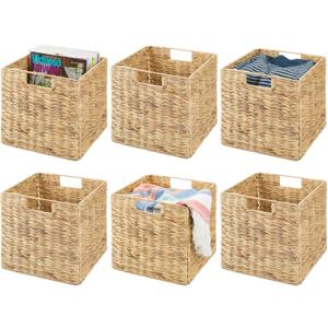 mDesign Natural Woven Hyacinth Cube Organizer Basket with Handles, Storage for Bathroom, Laundry Room Shelf or Nursery - Perfect for Cubby Storage Units - Hold Blankets and Books - 6 Pack, Natural/Tan