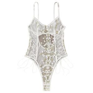Lilosy Women Sexy Lace Up Floral Embroidered Teddy Lingerie Bodysuit Top Mesh Sheer One Piece Large