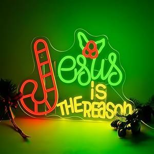 Jesus Is The Reason Neon Sign Religious Christmas Neon Light with Adjustable Brightness Colorful Jesus Christmas Light Home Gifts Party Decoration for Celebration