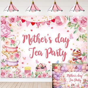 Mother's Day Tea Party Banner Backdrop 8x6FT Pink Floral Mother's Day Photography Background Let's Partea Thanks Mom Wall Decorations for Home