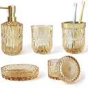 Gold Bathroom Accessory Set, 5Pcs Clear Glass Bathroom Accessories, Lotion Soap Dispenser Set, Toothbrush Holder Set, Soap Dish, Tumbler, Qtips Holder for Bathroom Decor, Yellow Gold
