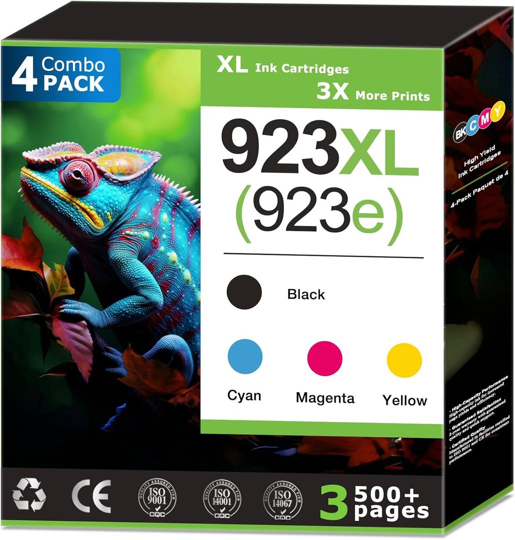 923XL 923e Ink Cartridges Combo Pack Compatible for HP 923 Ink Cartridges Work with HP Printer Officejet (Pro) Series Printer (4 Pack) Black Cyan Magenta Yellow 8125e 8130e 8139e Ink 923 High Yield