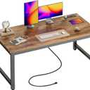 Huuger 55 x 24 inch Desk with Power Outlets & USB-C, Deeper & Thicker Desktop, Robust Metal Tubes, Computer Desk, Heavy Duty Office Desk, Work Gaming Desk for Home Office, Rustic Brown