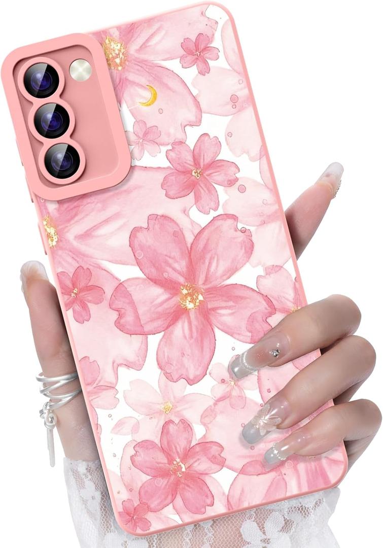 For Samsung Galaxy S21 FE 5G Phone Case, Fashion Flower Pattern Design Girls Women Liquid Silicone Cover, Slim Shockproof and Scratch-Resistant Soft Case for Samsung S21 FE - Cherry Blossom
