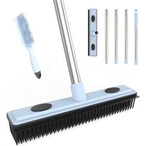 2 x Rubber Broom Carpet Rake for Pet Hair Removal, Dog Hair Broom with 59" Adjustable Handle, Push Broom with Squeegee for Carpet, Hardwood Floor, Tile, Includes 1 Pet Hair Brush