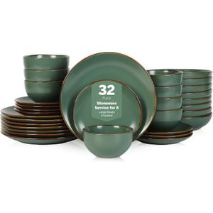 Stone Lain Brasa Modern Stoneware 32 Piece Dinnerware Sets, Plates and bowls Sets, Dish Set for 8, Green