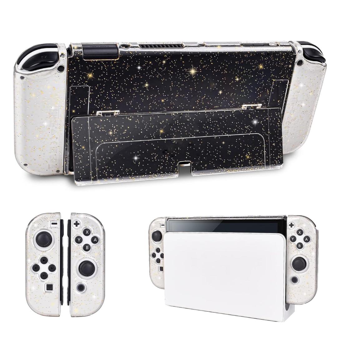 DLseego Protective Glitter Case Compatible with Switch OLED Console - Updated Version, Bling Soft TPU Cover with Shock-Absorption and Anti-Scratch Design - Golden Crystal