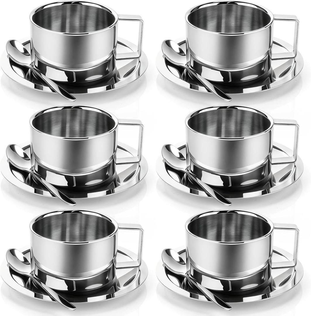 6 Pack Stainless Steel Coffee Cups Set, 7oz Insulated Espresso Cups with Spoon and Saucer, Double Walled Coffee Mugs for Latte, Tea, Milk, Cappuccino