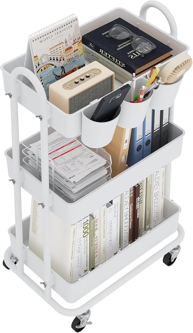3-Tier Utility Cart with Wheels, Rolling Cart with 3 Hanging Baskets, Storage Shelves, Multi-Functional Organizer Cart for Bathroom, Office, Kitchen, White
