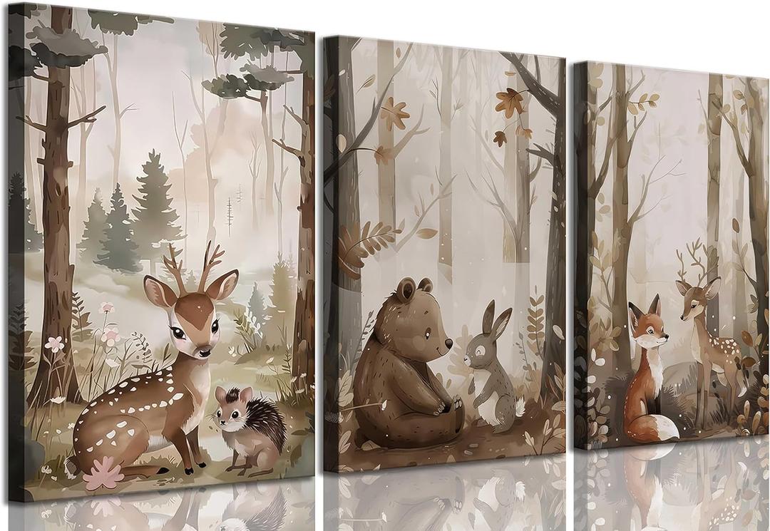 3Pcs Woodland Nursery Canvas Wall Art Cute Neutral Vintage Forest Wild Animals Bear Deer Fox Landscape Watercolor Painting Picture Wall Decor Poster Print Artwork for Baby Kids Room (12x16in)