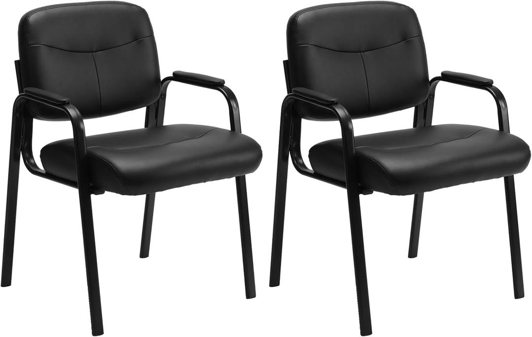 Sweetcrispy Office Reception Guest Chair No Wheels Set of 2, Leather Stationary Waiting Room Chairs with Padded Arms for Elderly Desk Conference Room Lobby Table Side Salon (Inky)