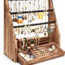 Jewelry Organizer Stand, 5 Layer Earring Holder Organizer with Necklace Holder, Rustic Wood Earring Organizer Display for Stud Earring Bracelet Necklace Ring, Watches