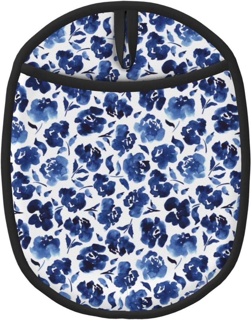 Blue Ink Flowers Print Silicone Pot Holders Heat Resistant Oven Hot Pads with Pockets Non Slip Grip Large Potholders for Kitchen Baking Cooking 9.4 X 7.5 Inches-1 Pc