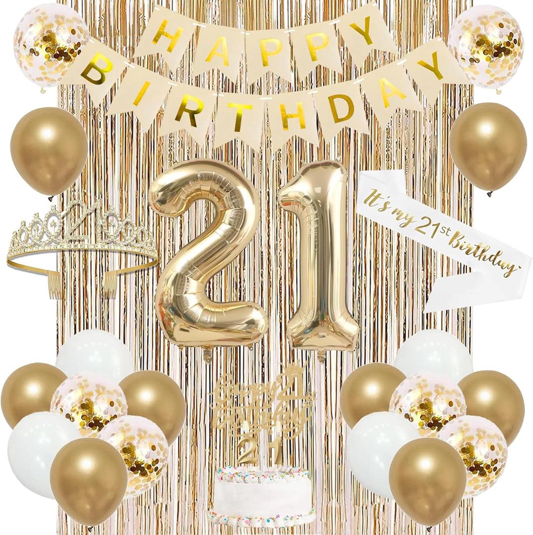 Trgowaul 21st Birthday Decorations for her, Champagne Gold Happy 21st Birthday Supplies for Girls, 21 Sash and Crown, Banner, Fringe Curtains, Cake Topper, 21 Year Old Party Supplies Set