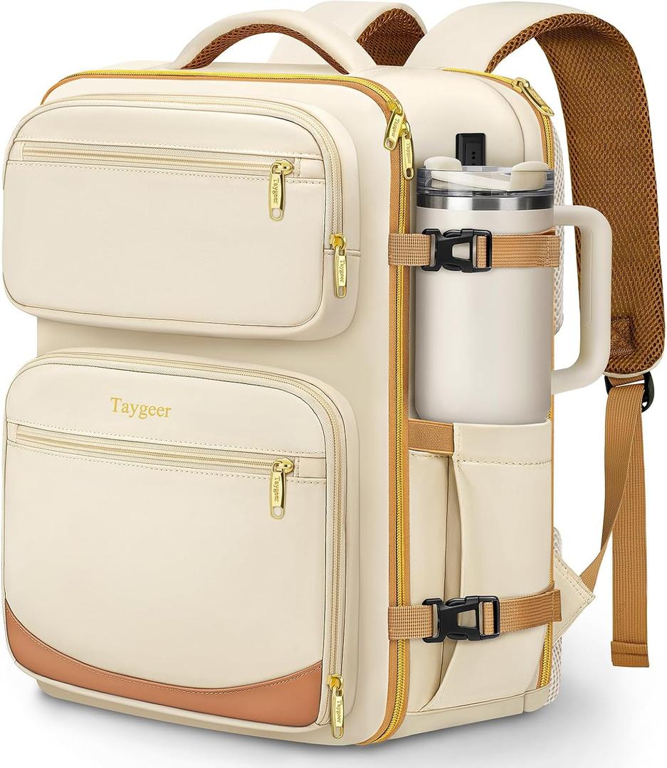 Taygeer Personal Item Travel Bag, Underseat 40L Spirit Airlines Personal Item Bag 18x14x8 with Makeup Compartment, 18x14x8 Inches Carry on Backpack for Women Fits Spirit Frontier Allegiant, Beige