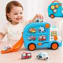 iPlay, iLearn Toddler Bus Toy W/ 3D Matching Puzzle & Car Slide, Baby Musical Push Go Car W/Sound, Montessori Learning Vehicle Match Game, Birthday Gift 18 24 Month 1 2 3 Year Old Infant Kid Boy Girl
