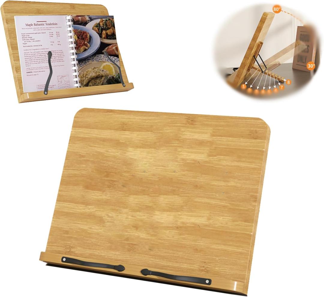 GCFTIFF Recipe Book Holder,Cookbook Stand Wood Cookbook Holder for Kitchen, Adjustable Angle and Page Paper Clips,Magazine Holder for Desk, Laptop Stand, Tabletop Easel (Wood, S(11'' x 7.9''))