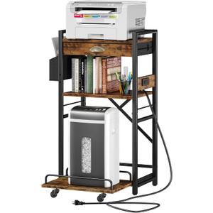 Homeiju 3-Tier Printer Stand with Storage Drawer,Large Tall Printer Table with Power Outlet,Side Pocket and Adjustable Shelf for Home Office,Stand Cart for Computer PC Tower CPU Shredder,Brown