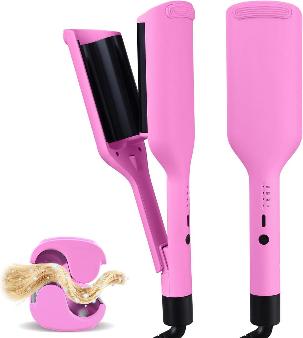NONK Power Curling Iron Hair Crimper Waver, Ceramic Double Barrel Curling Wand, 1.25 Inch, Dual Voltage, Anti-Scald, Easy to Use, Hot Tools for Women, Pink, Gifts for Women