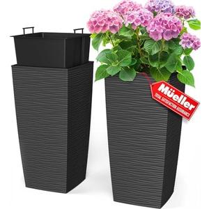 Mueller M-Resin Heavy Duty Tall Planter, Indoor/Outdoor Grande Plant, Tree, Flower Pot, 2-Piece Set, 24”, Modern Design, Built-in Drainage, Dark Grey 3,4 Gal