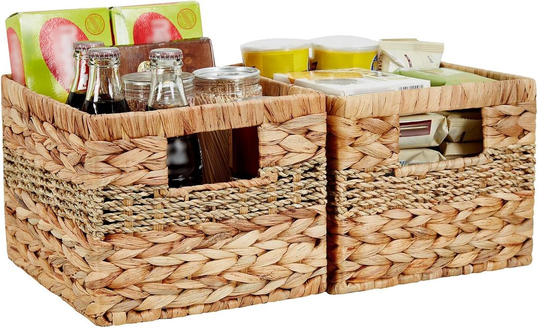 Water Hyacinth Wicker Basket, Decorative Woven Baskets with Built-in Handles, Hand-woven Storage Organizer for Organizing Pantry, Livingroom, Bedroom, Shelves, Toilet (2 PACK, Blended)