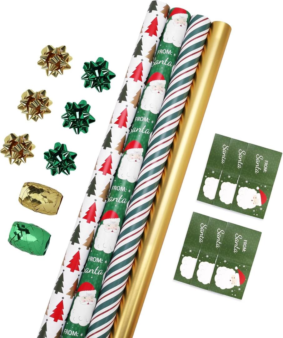 LaRibbons Christmas Wrapping Paper Set, Classic Santa & Stripe Design with Gift Bow & Ribbons & Tags, Perfect for Holiday, Party, Xmas Celebration,30 Inch X 10 Feet (4Rolls, 100 sq.ft.ttl.)