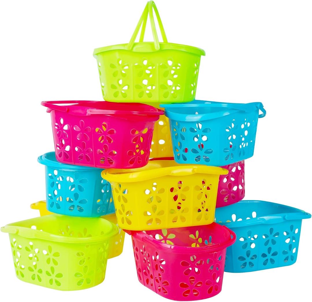 Zcaukya 12 Packs Easter Baskets, 6.5"x4.5"x3.2" Colorful Plastic Kids Easter Baskets with Handles, Empty Plastic Easter Basket for Easter Egg Hunt Party Favors
