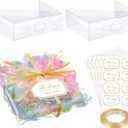 TaoBary 35 Pcs Clear Favor Boxes 4 x 4 x 1.2 Inch Transparent Rectangle PVC Plastic Boxes 40 Pcs Thank You Label Stickers and 1 Roll Gold Ribbon for Wedding Candy Chocolate Birthday