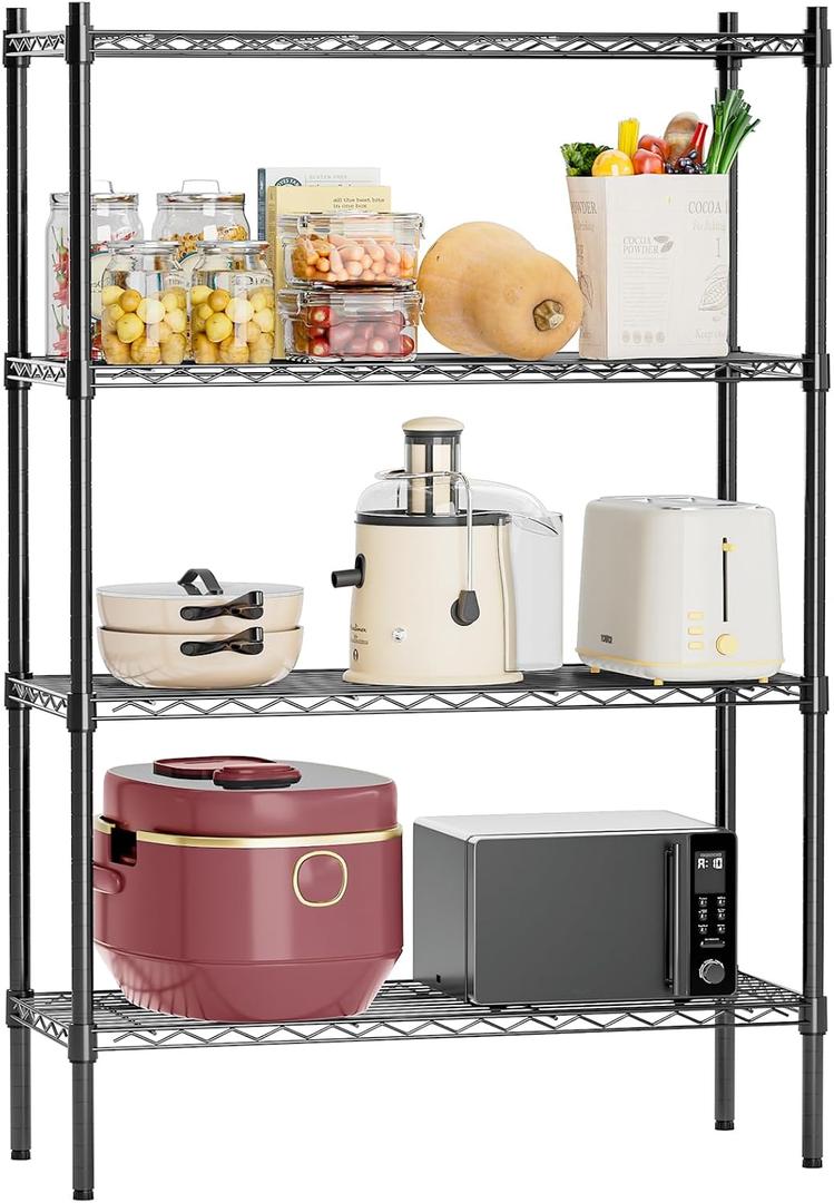 Auslar 4 Shelves Storage Shelving Unit Wire Shelves Heavy Duty 4 Tier Metal Shelf Standing Adjustable Organizer Wire Rack 1400lbs, Black