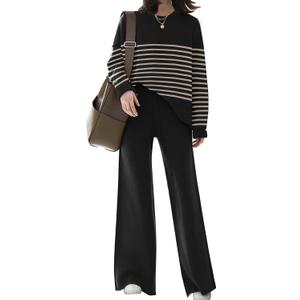 ETCYY NEW Womens Elegant Lounge Sets Knitted Sweatsuit Sets 2 Piece Outfits with Sweater Tops and Wide Leg Sweatpants (X-Large, Striped-black)