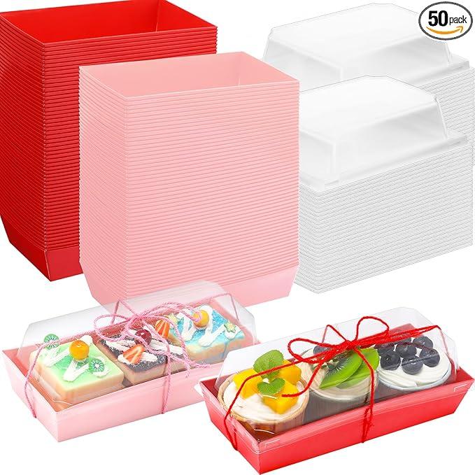 Layhit Valentines Charcuterie Boxes with Clear Lids Valentine's Day Rectangle Cookie Boxes Pink Disposable Dessert Containers for Wedding Anniversary Party Favor Cake Sandwich(50 sets)